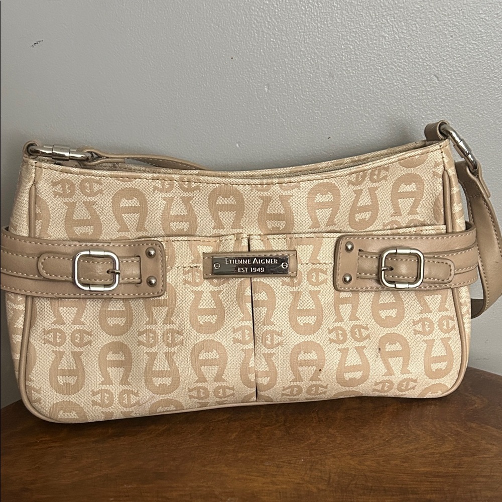 Etienne Aigner Beige Logo Jacquard Shoulder Bag